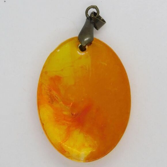 Handmade Orange Sunset Gold Leaf Oval Resin Cast Pendant Necklace - Picture 5 of 10